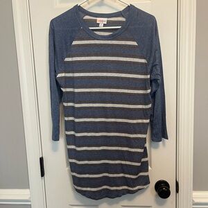 LuLaRoe “Randy”‎ 3/4 sleeve T shirt blue with tan and brown stripes. Size Medium